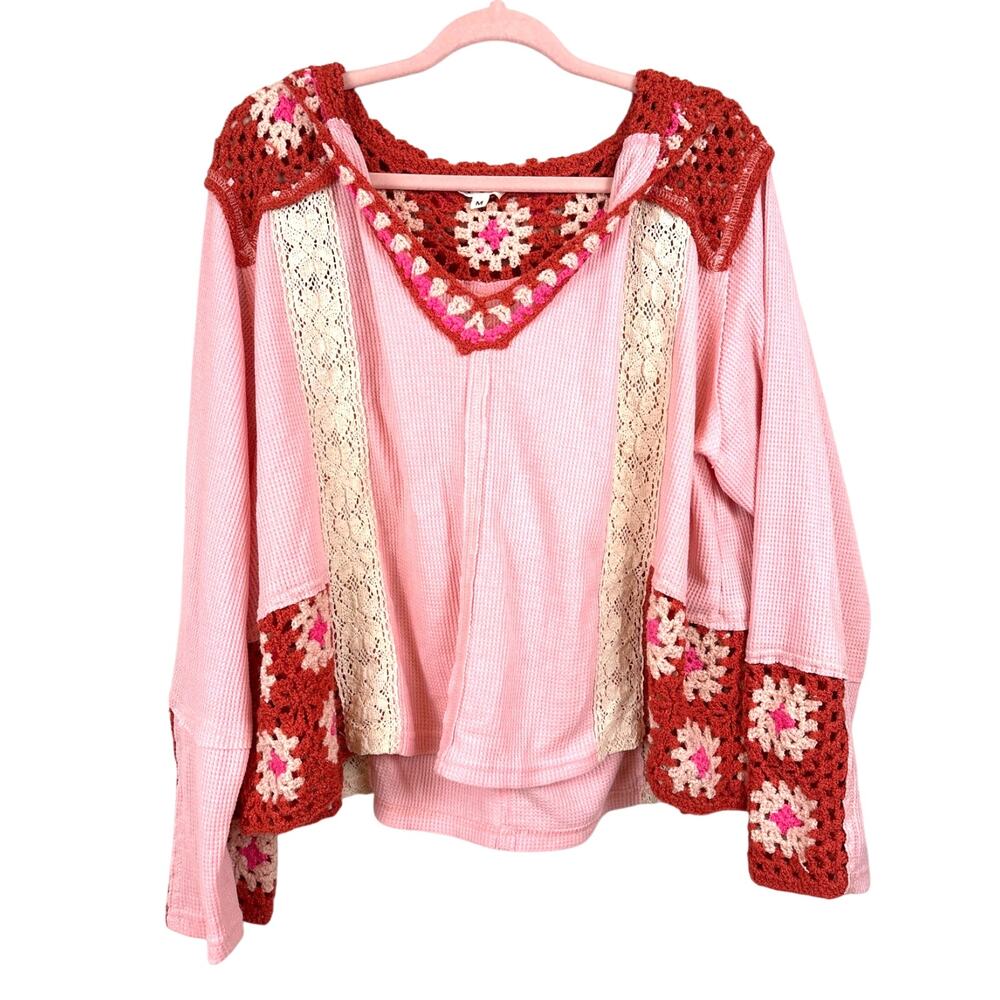 POL Womens M Pink Crochet Thermal Hooded Top Oversized Boho Shirt